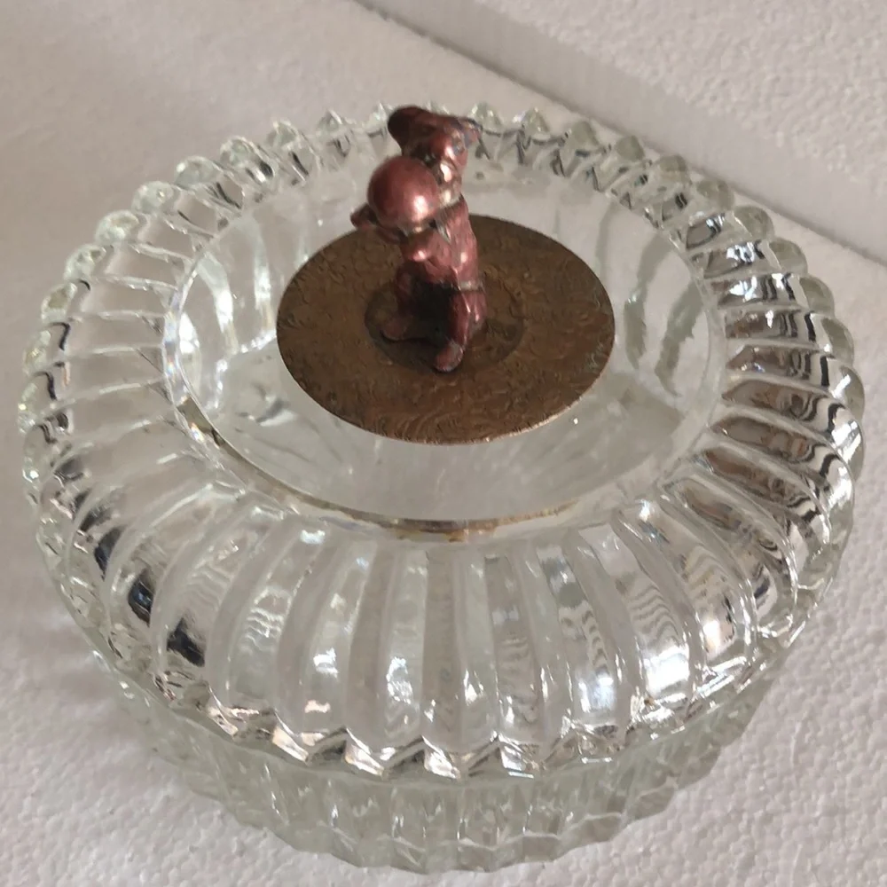 Vintage Glass Crystal Trinket Bowl w/Lid, Brass Dog Handle w/Copper Floral Plate